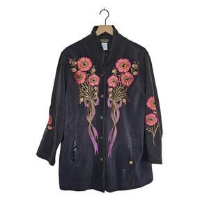 Bob Mackie Wearable Art Womens Floral Embroidered Fleece Vtg Jacket 1x plus